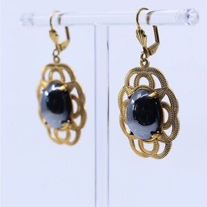 Alzerina Magnolia Earrings Jet Hematite 24K Gold Overlay Boxed Vintage Style